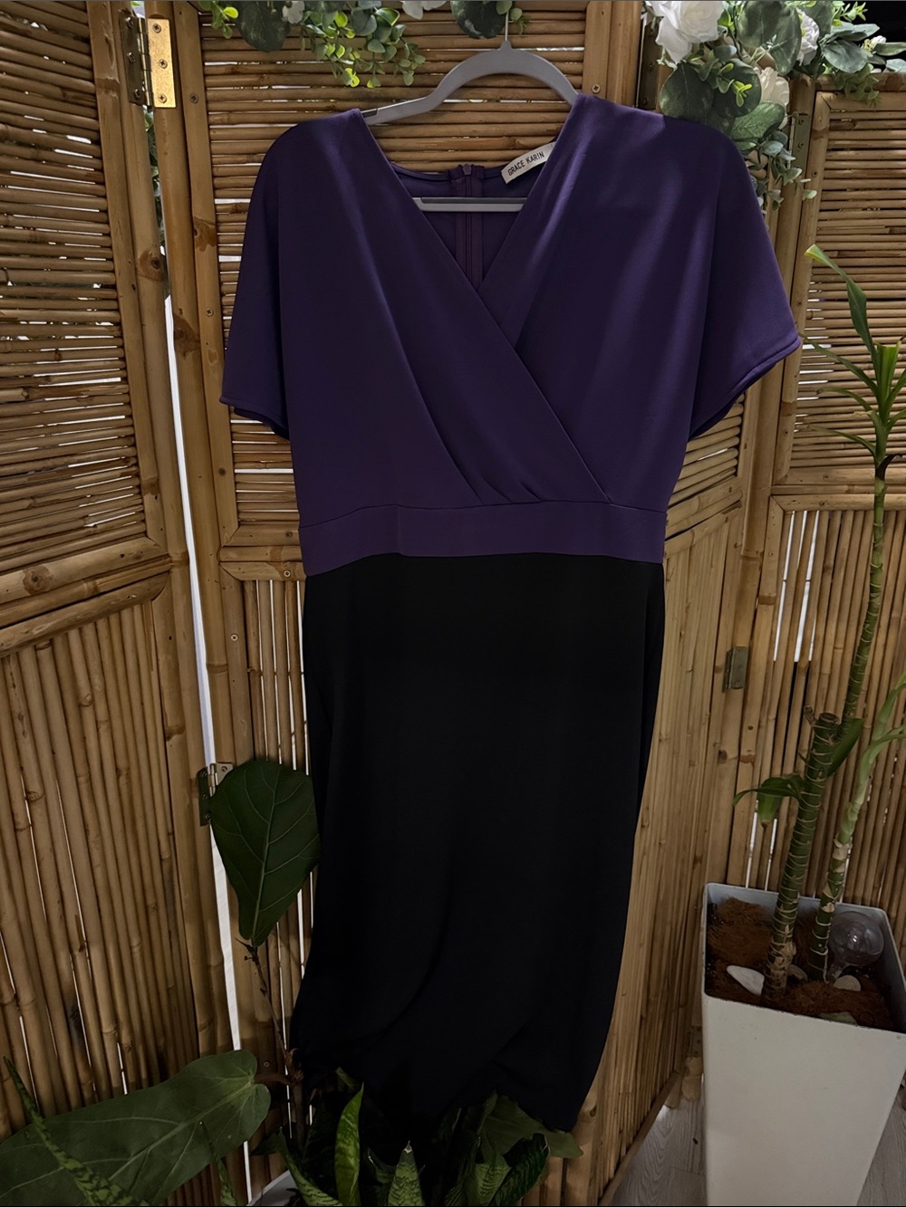 Grace Karin Purple and Black V-Neck Midi Dress